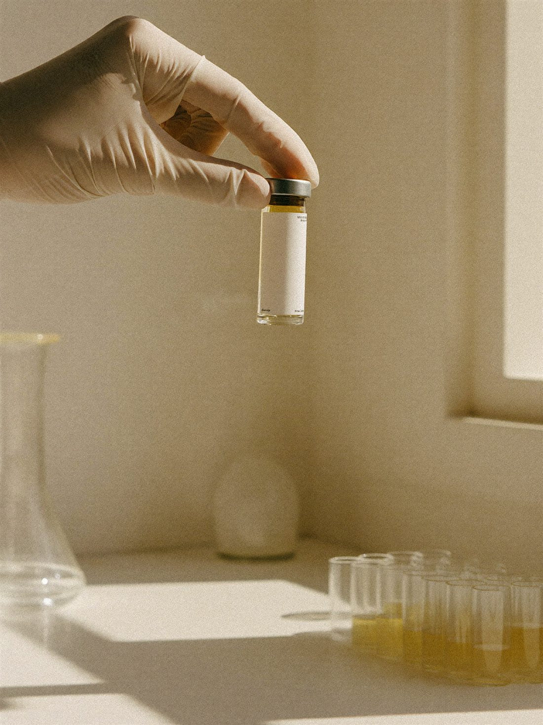 Gloved hand holding a research vial in a sunlit laboratory